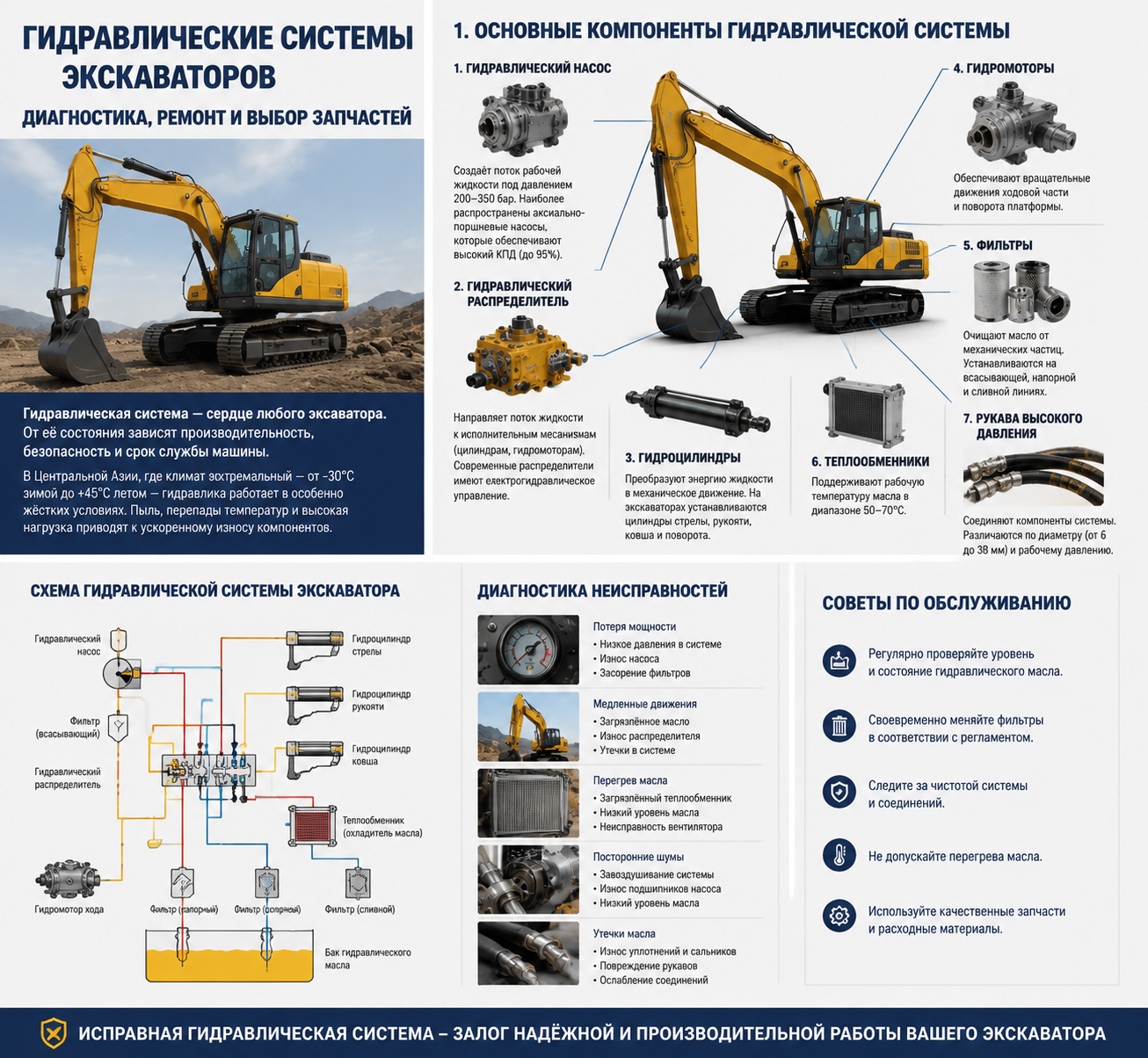 Основные компоненты гидравлической системы экскаватора
